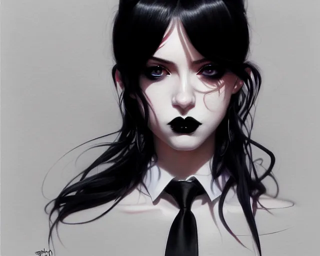 Prompt: a ultradetailed beautiful portrait panting of a stylish goth woman, wearing a shirt with a tie, dramatic, she has black hair, fashion, by hajime sorayama, makoto shinkai, greg rutkowski and conrad roset, trending on artstation