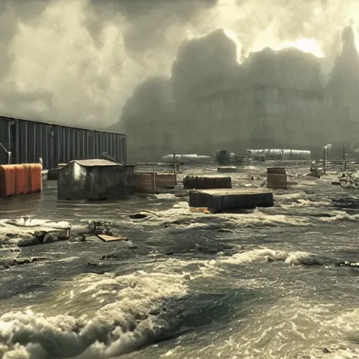 Prompt: a beautiful post - apocalyptic matte - painting of a large warehouse full of hosepipe. flooded. waves. hot sun outside.