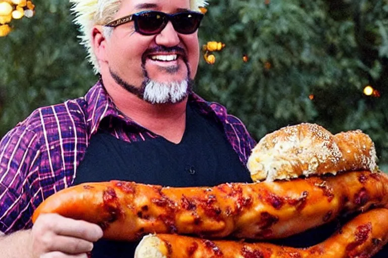 Image similar to beautifully composed photograph of Guy Fieri holding a huge weiner