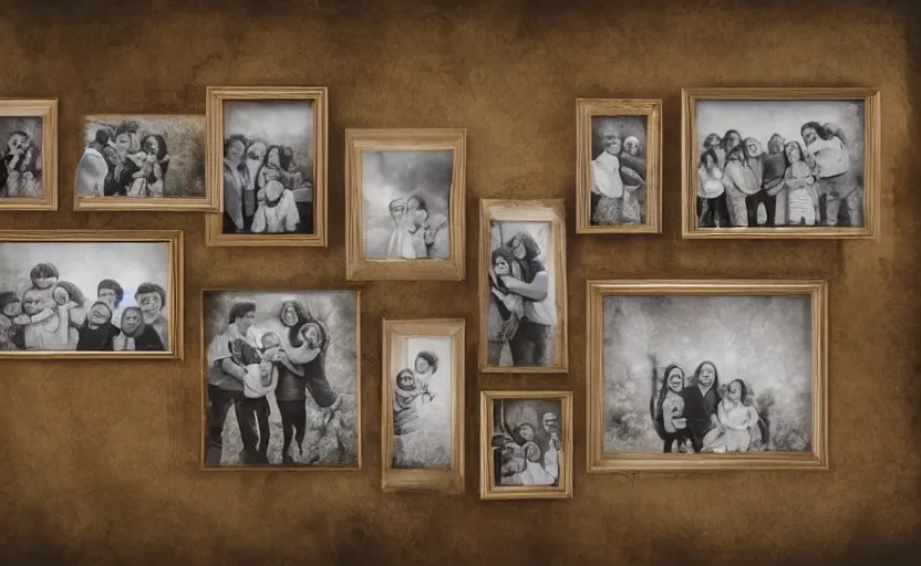 Image similar to storybook illustration of family photo portraits in picture frames on a wall, watercolor, sepia tints