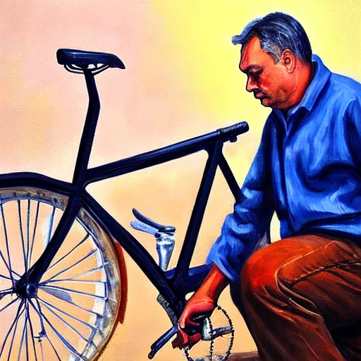 Image similar to viktor orban repairing a bicycle, oil painting