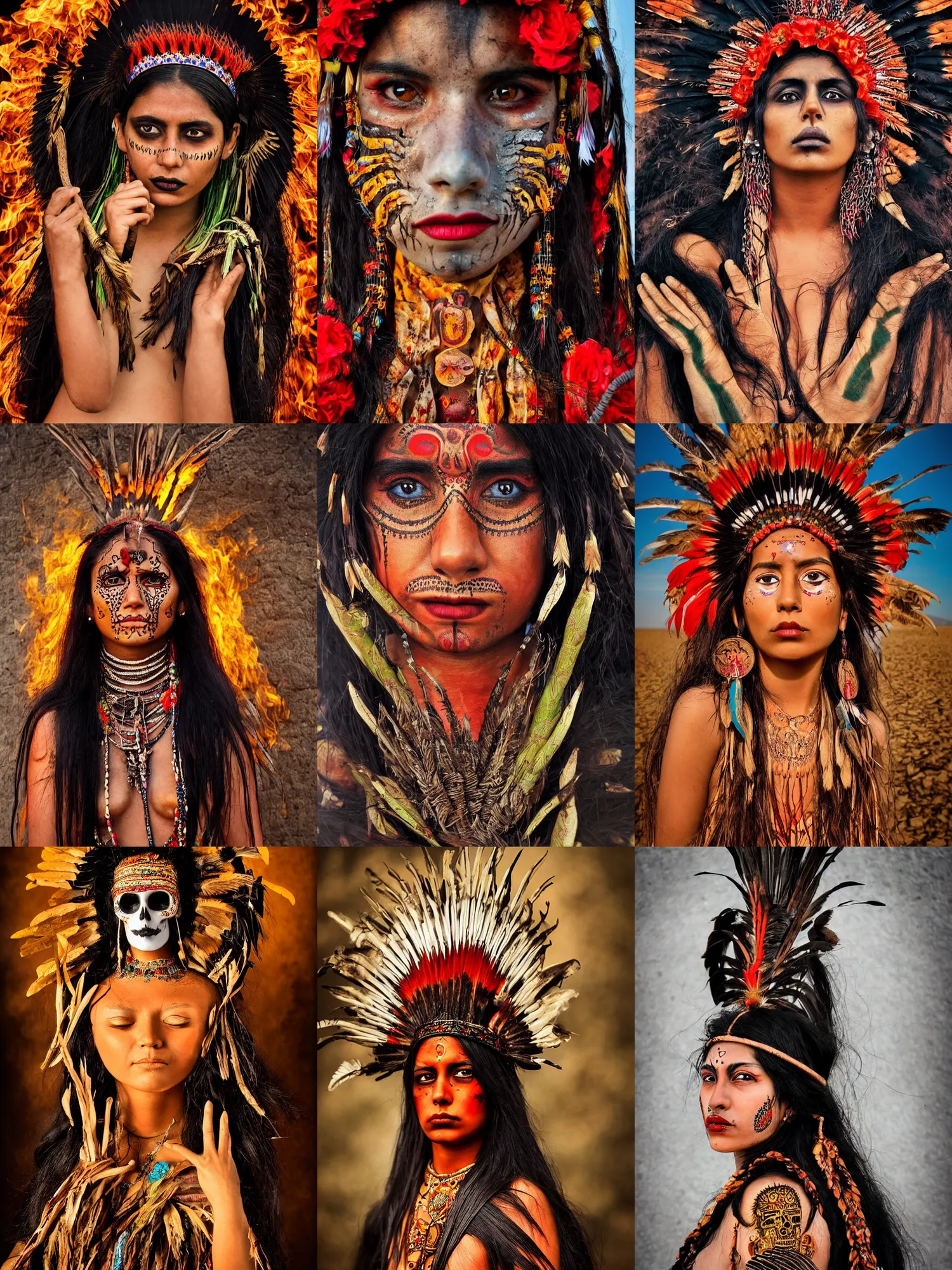 Prompt: A beautiful Mexican goddess. She represents death and fertility. She appears as the Fire Goddess, and a young beautiful Indigenous Mexican woman. In the style of photographer steven mccurry, contemporary art aesthetic, surreal portrait photographic aesthetic, mad magazine aesthetic