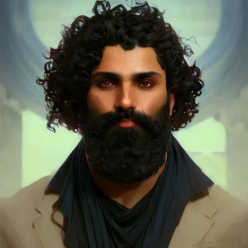 Prompt: ,Crystal blue eyes arab man with black hair curly, light beard,serious face, , by WLOP,Artgerm,Greg Rutkowski,Alphonse Mucha, Beautiful dynamic,shadows,Artstation,concept design art,Octane render,8K