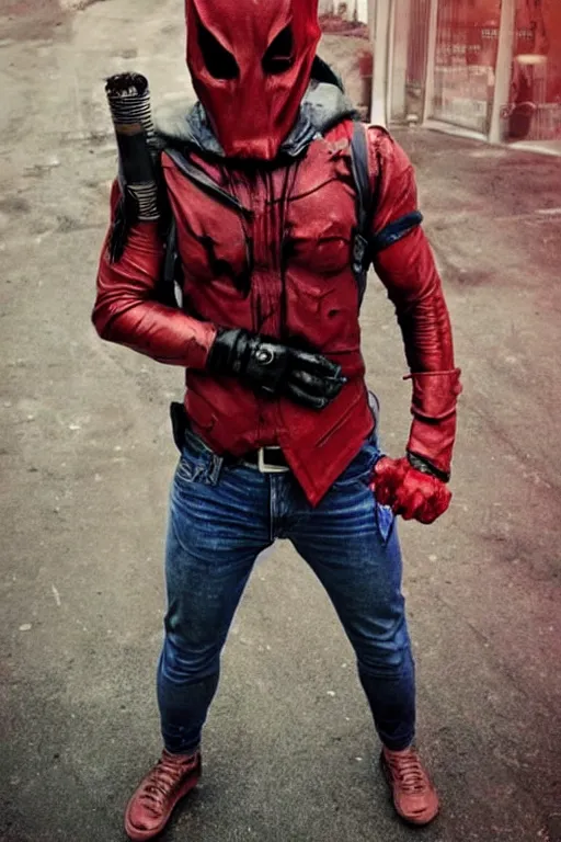 Prompt: red hood cosplay, creepy, disturbing, bloody, darkness, grainy, urban, jeans