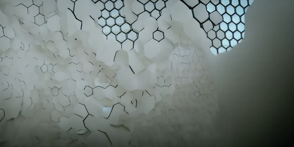 Image similar to real white honeycomb organic building, film still from the movie directed by denis villeneuve aesthetic with art direction by zdzisław beksinski, telephoto lens, shallow depth of field