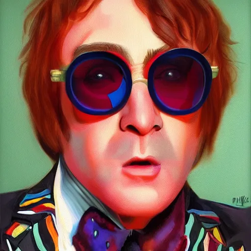 Prompt: elton john lennon in an apple outfit, gucci catwalk, oil painting, digital painting, ultradetailed, artstation