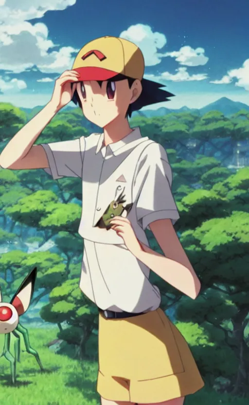 Image similar to a pokemon go card from 1 9 5 0, illustration, insect trainer girl, clear sky background, lush landscape, concept art, anime key visual, trending pixiv fanbox, by wlop and greg rutkowski and makoto shinkai and studio ghibli and kyoto animation, realistic anatomy, symmetrical facial features, short hair, hair down