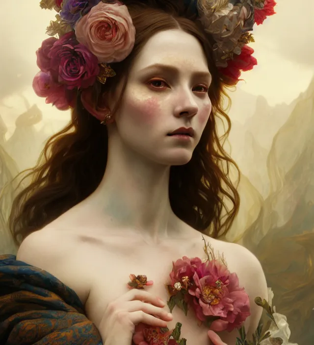 Image similar to baroque portrait of a icelandic princess of porceline skin, full body floral tattoos, cinematic lighting, photorealistic, octane render, 8 k, depth of field, art by artgerm and greg rutkowski and alphonse mucha and uang guangjian