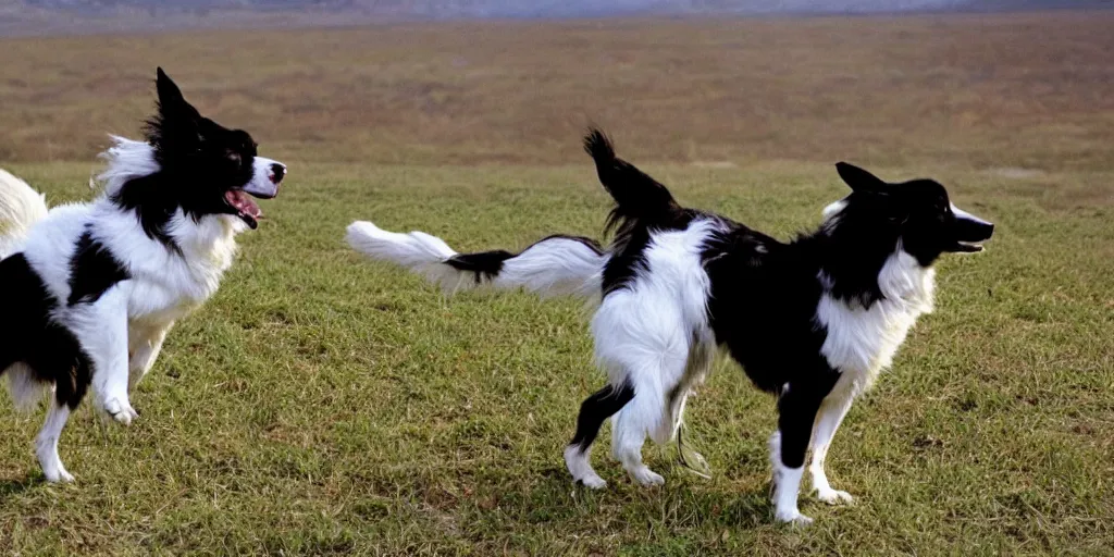 Prompt: border collie in robocop armor chasing flying saucers. Anime. Ultra-realistic.