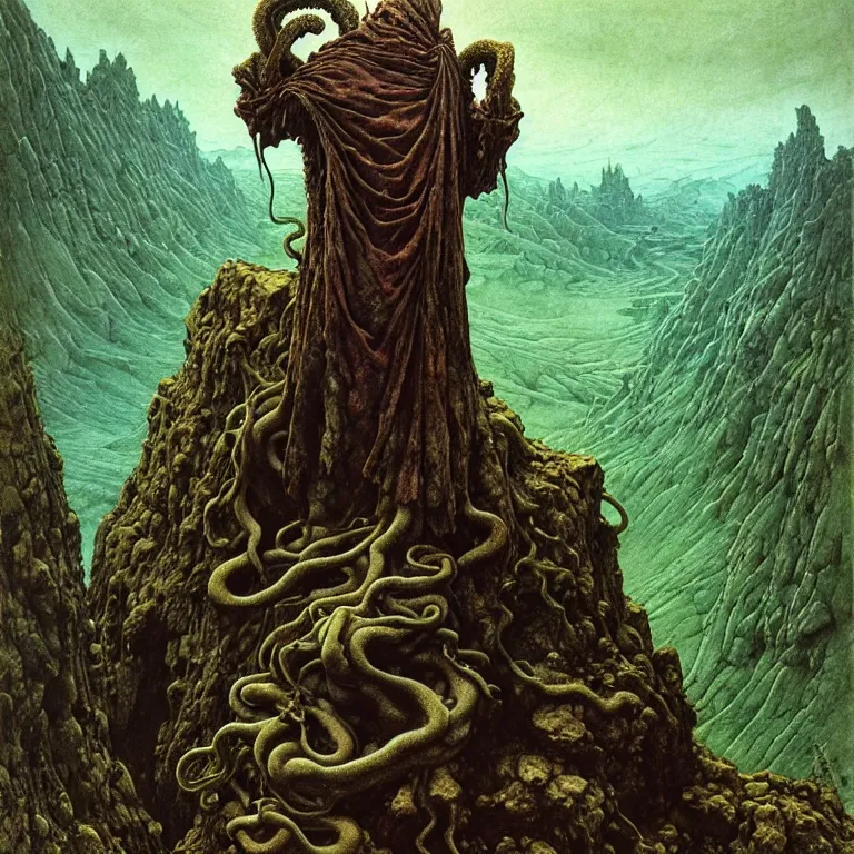 Image similar to A detailed green-eyed tentacleheaded human stands among the mountains with a pebble in hands. Wearing a ripped mantle, robe and boots. Extremely high details, realistic, fantasy art, solo, masterpiece, art by Zdzisław Beksiński, Arthur Rackham, Dariusz Zawadzki