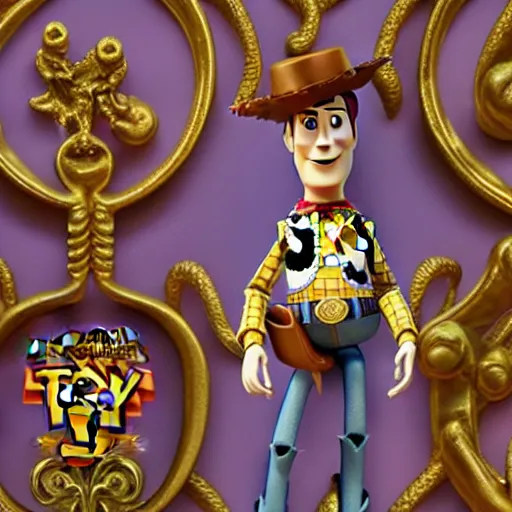 Prompt: toy story rococo, ornate detailing, intricate sculpting, pixar animation, 4k