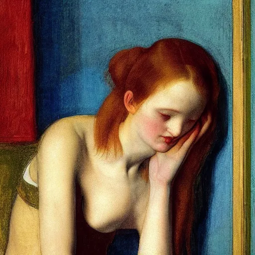 Image similar to close up of a girl in a blue and gold haunted liminal abandoned room, film still by edward hopper, by Pontormo, by klimt, by dante gabriel rossetti, pre-raphaelite. art noveau, highly detailed, strong lights, liminal, eerie, Bright pastel colors