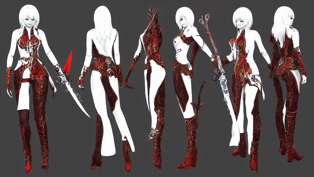 Image similar to devil may cry Dante's daughter character design sheet, female, white and gold outfit, dual sword wielding, intricate, trending on artstation