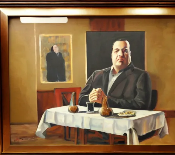 Image similar to framed portrait painting of tony soprano sitting at a mafia table