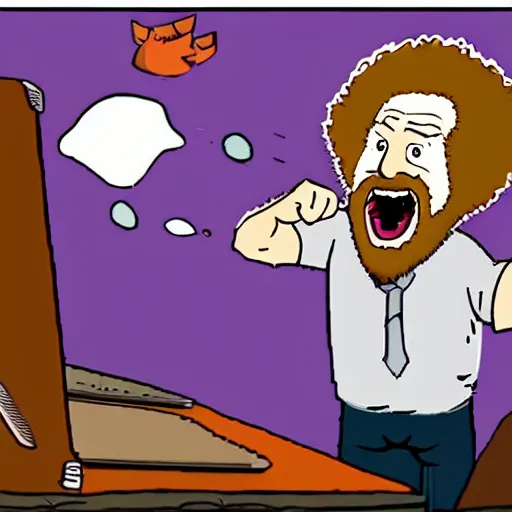 Image similar to angry bob ross screaming at laptop cartoon strip