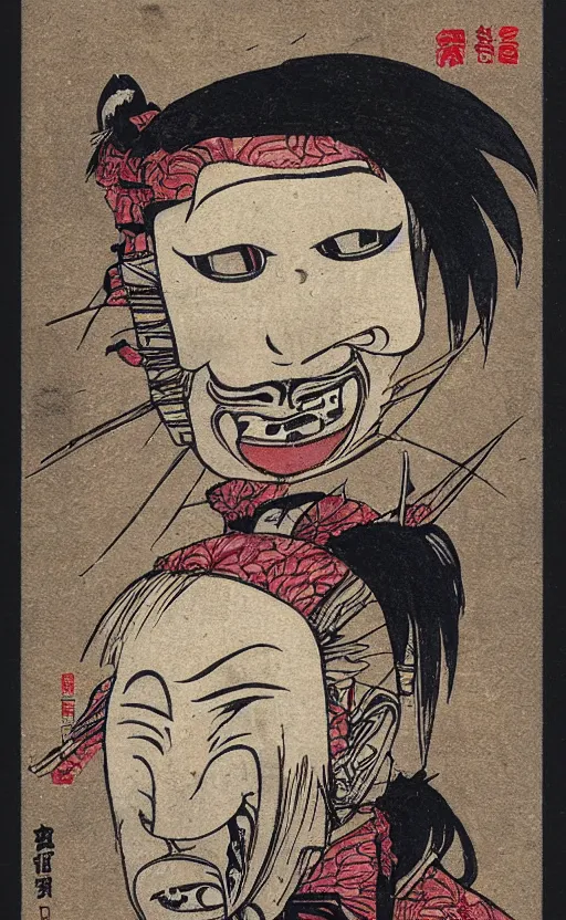 Image similar to by akio watanabe, manga art, portrait of festival tengu mask, abandoned japaense village, trading card front