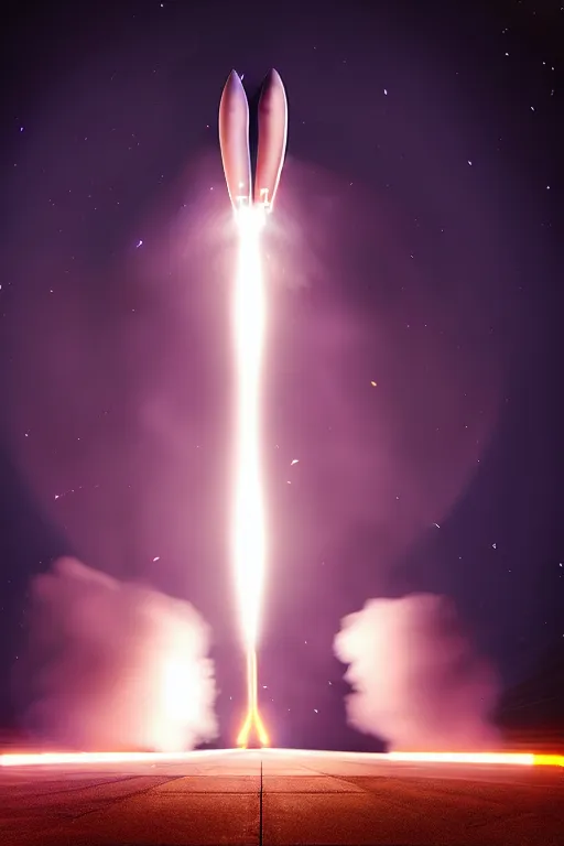 Prompt: hyperdetailed photograph of a futuristic sleek fast rocket launching and leaving huge plumes of smoke, cinematic, volumetric lighting, night