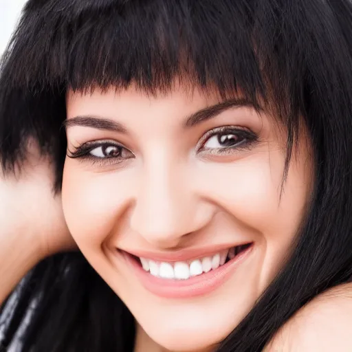 Image similar to a close up portrait of a 23 year old female, raven black hair, perfect teeth, smiling, soft features