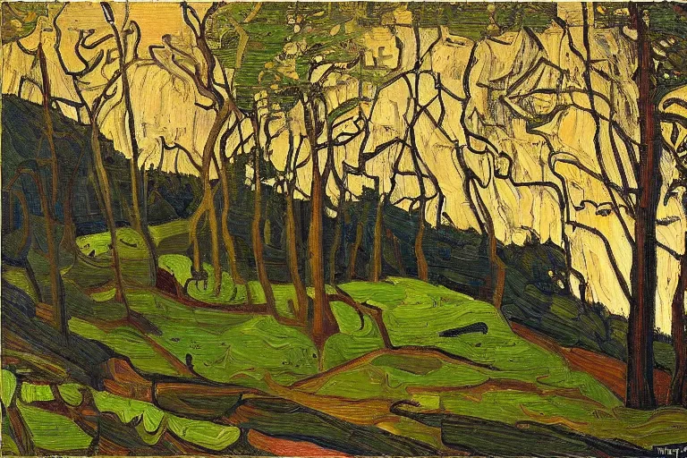 Prompt: masterpiece painting of oak trees on a hillside overlooking a creek, dramatic lighting, by tom thomson