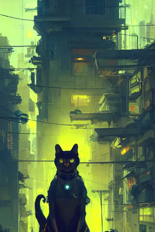 Prompt: yellow cat inside a cyberpunk city, highly detailed, digital painting, artstation, concept art, sharp focus, illustration, art by greg rutkowski and alphonse mucha