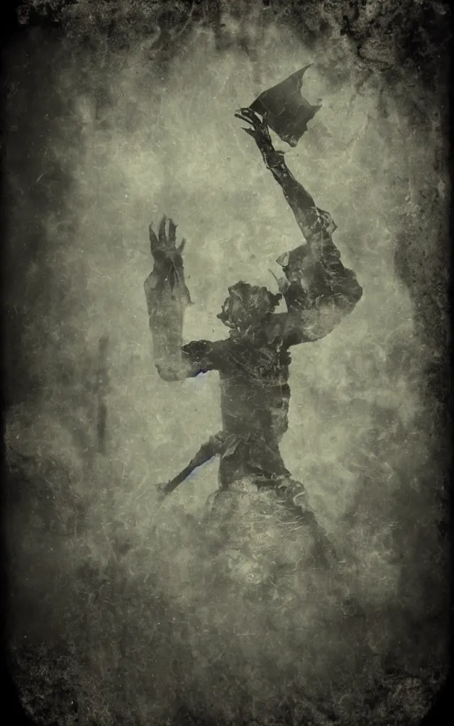 Image similar to wet plate sun tarot card victorian era, coal dust, ghosts in the background, in the style of brothers quay