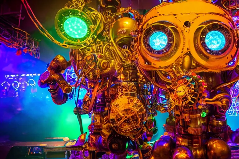 Prompt: scene is elrow party in amnesia ibiza, portrait photo of a giant huge golden and blue metal steampunk robot, with gears and tubes, eyes are glowing red lightbulbs, shiny crisp finish, 3 d render, 8 k, insaneley detailed, fluorescent colors, haluzinogetic, background is multicolored lasershow