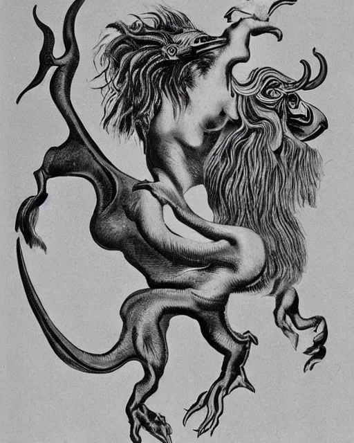 Image similar to a creature with the body and eyes of a man, with the beak of an eagle, the mane of a lion, and the horns of an ox. drawn by salvador dali