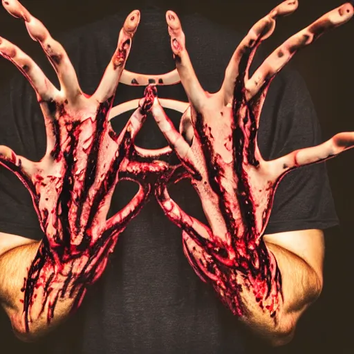 Image similar to ultra detailed photo of a man with many bloody arms covering his entire body