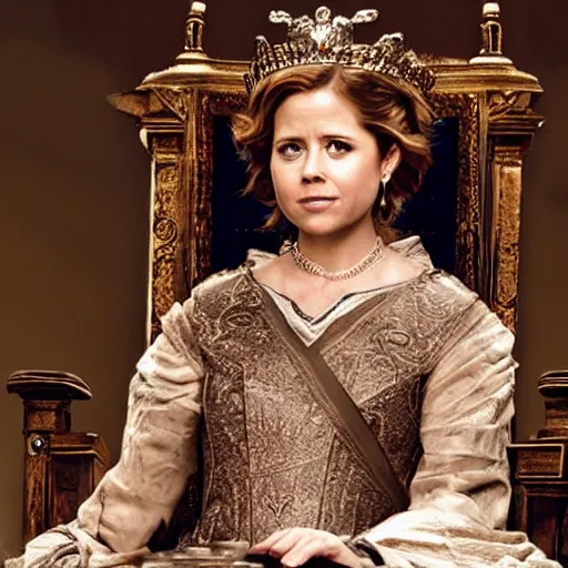 Prompt: Jenna Fischer in Roman queen clothes, sitting on throne, holding court, Rembrandt