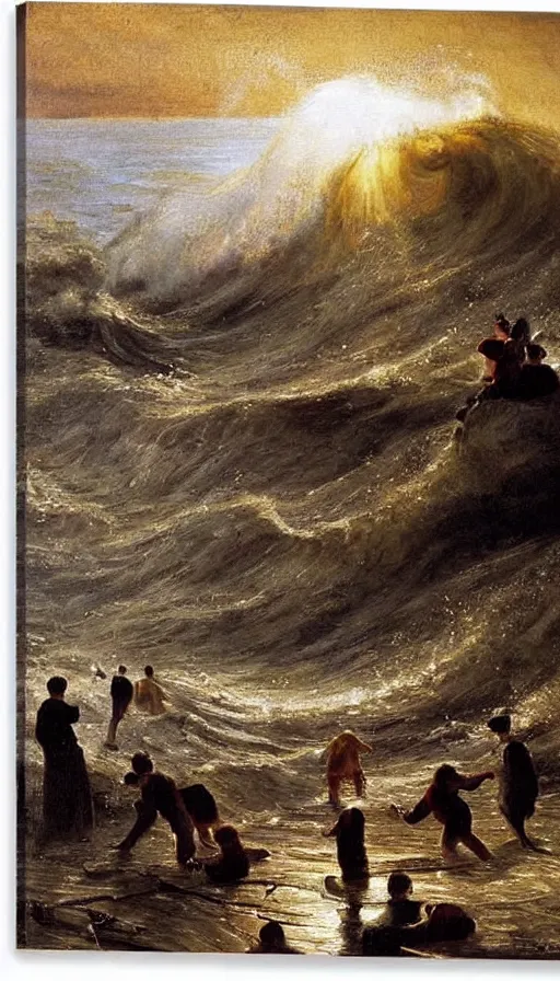 Image similar to painting of tsunami flooding a birthday party, by Peder Krøyer, dramatic lighting, golden hour, epic, intricate detail, canvas print