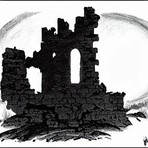 Prompt: A sun rising over a collapsed stone tower, with a looming shadow. Dark Fantasy, Film Noir, Black and White. High Contrast, Mike Mignola, D&D, OSR