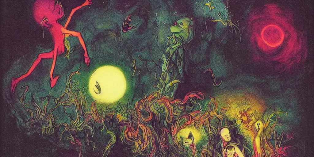 Image similar to dawn of creation ; first atom ; beings of light and darkness ; ethereal plane. bright neon colors. illustrated by maurice sendak and stephen gammell and junji ito and dr seuss