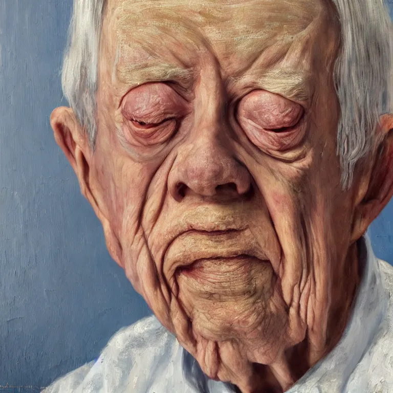 Image similar to hyperrealistic close up studio portrait of aging old Jimmy Carter age 103 wrinkled sorrowful, oil painting by Ivan Albright and Lucian Freud and Ron Mueck, trending on artstation Studio lighting hyperrealism