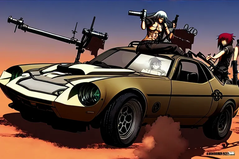 Prompt: masamune shirow dieselpunk mad max mustang mach 1 with guns installed makoto shinkai takashi takeuchi studio ghibli, akihiko yoshida