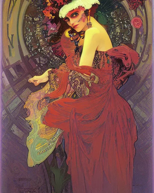 Image similar to flowerpunk portrait of a fierce matriarch by paul lehr, alphonse mucha