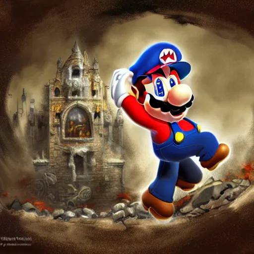 Prompt: concept art of mario from super mario bros in a ruined kingdom, resident evil, horror, occult, terror, mist, volumetric render, zoomed out wide angle digital painting, detailed painting