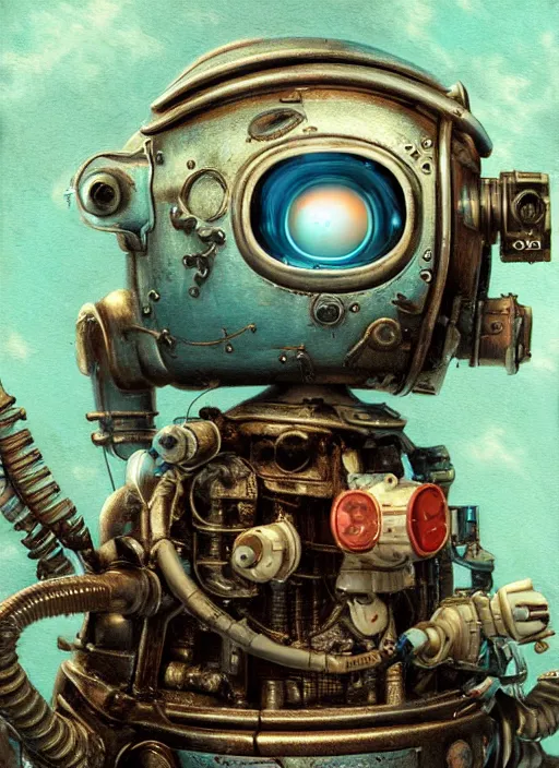 Prompt: highly detailed closeup, portrait of a retro robot deep sea diving, unreal engine, nicoletta ceccoli, mark ryden, earl norem, lostfish, global illumination, detailed and intricate environment