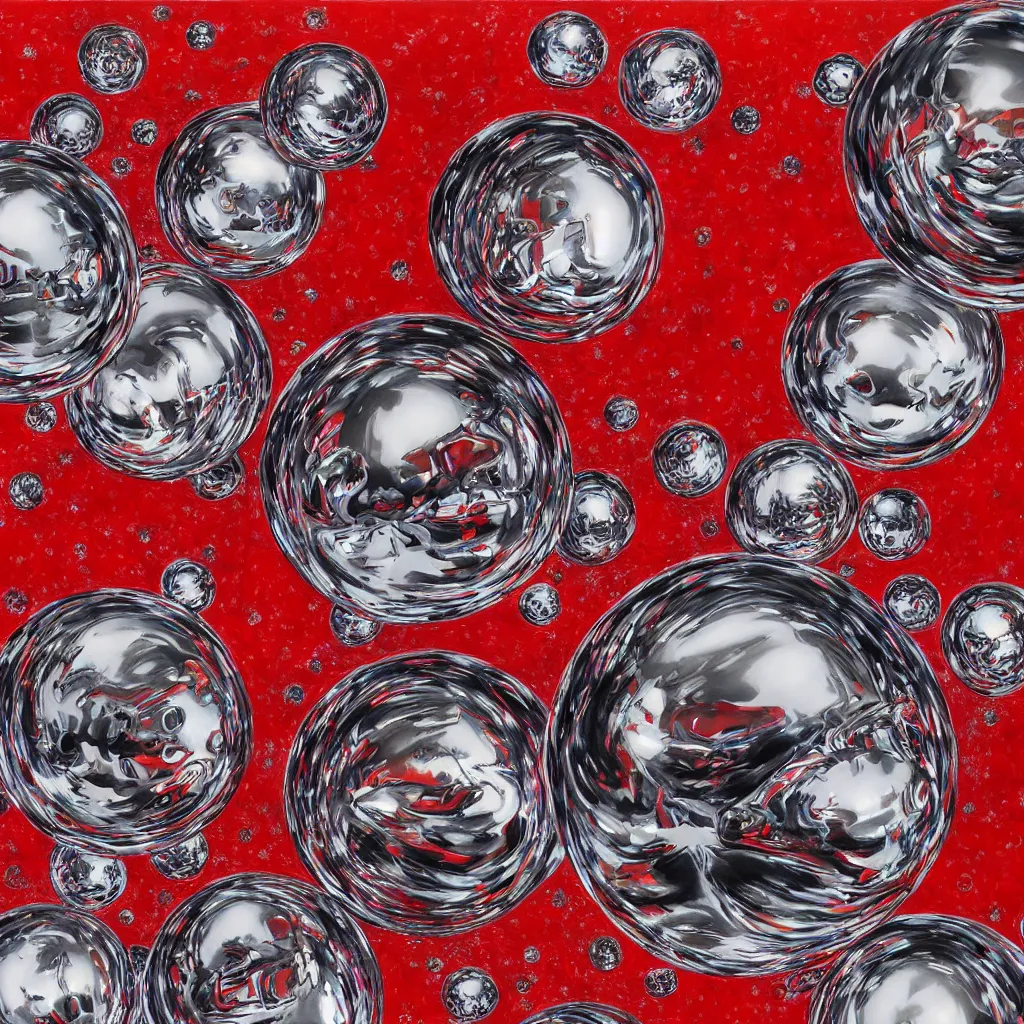 Prompt: chrome spheres on a red cube by ayami kojima