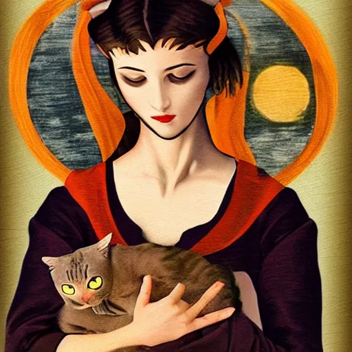 Image similar to a woman holding a cat in her arms, a renaissance painting by sailor moon, pexels contest winner, rasquache, booru, high quality photo, rtx