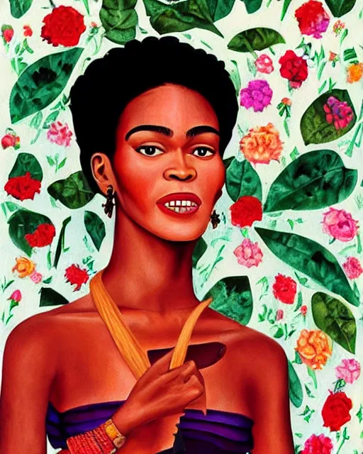 Image similar to Whitney Houston in Frida kahlo painting style