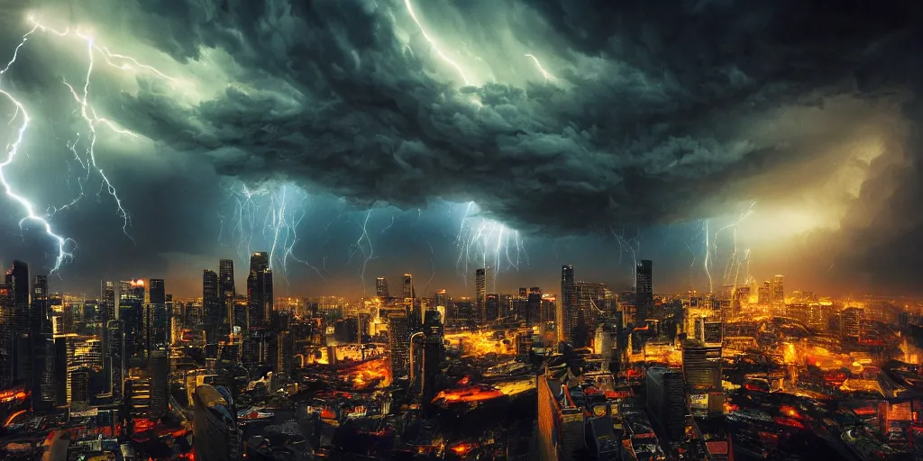 Prompt: long exposure photograph of severe weather storms above an Beautiful Orwellian City, Singapore, detailed textures, hyper realistic, vibrant colors, cinematic lighting, graffiti art style, climate change, digital art painting by greg rutkowski and RIdley Scott, cinematic, concept art, 35mm grain filter, artstation