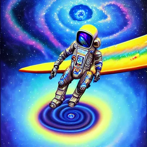 Image similar to cool bismuth mech spaceman surfing the milkyway, isometric scifi astral spirit space journey in oil painting, pulled into the spiral vortex, trending on artstation, award winning, emotional, highly detailed ethereal isometric surrealist art