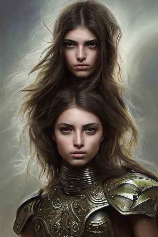 Prompt: a photorealistic painted portrait of an attractive young girl, partially clothed in metal-plated battle armor, olive skin, exotic appearance, long dark hair, flawless skin, beautiful bone structure, perfectly symmetric facial features, perfect photorealistic eyes, natural physique, intricate, elegant, digital painting, concept art, finely detailed, beautifully illustrated, sharp focus, minimal artifacts, from Metal Gear, by Ruan Jia and Mandy Jurgens and Artgerm and William-Adolphe Bouguerea, in the style of Greg Rutkowski, trending on Artstation, award winning art