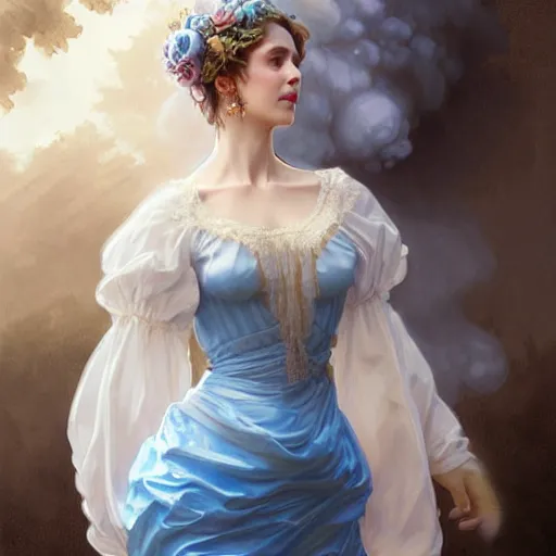 Prompt: woman dressed in a vaporous wrapped large victorian cream roses silk semi-transparent blue and cream dress fashion is running D&D, fantasy, intricate, elegant, highly detailed, digital painting, artstation, concept art, matte, sharp focus, illustration, art by Artgerm and Greg Rutkowski and Alphonse Mucha