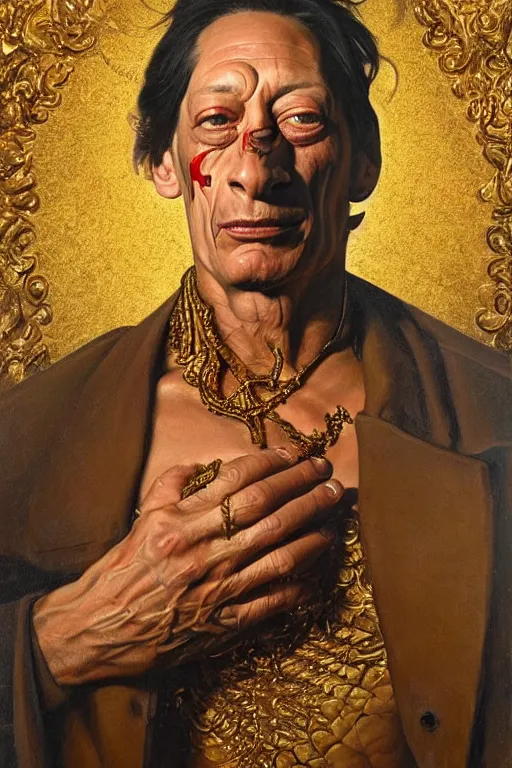 Prompt: hyper realistic painting portrait of jim varney, occult diagram, elaborate details, detailed face, intrincate ornaments, gold decoration, occult art, oil painting, art noveau, in the style of roberto ferri, gustav moreau, david kassan, bussiere, saturno butto, boris vallejo