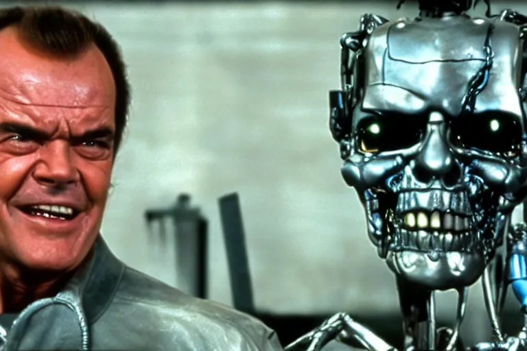 Prompt: Jack Nicholson plays Terminator, scene where his endoskeleton gets exposed, still from the film