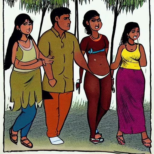 Image similar to cartoon of a short brown indian man migit walking with a young asian woman, a thick white blonde teenage girl, and a thick juicy spanish teenage girl, and a black bodacious babe in a small town in india all wearing clothes