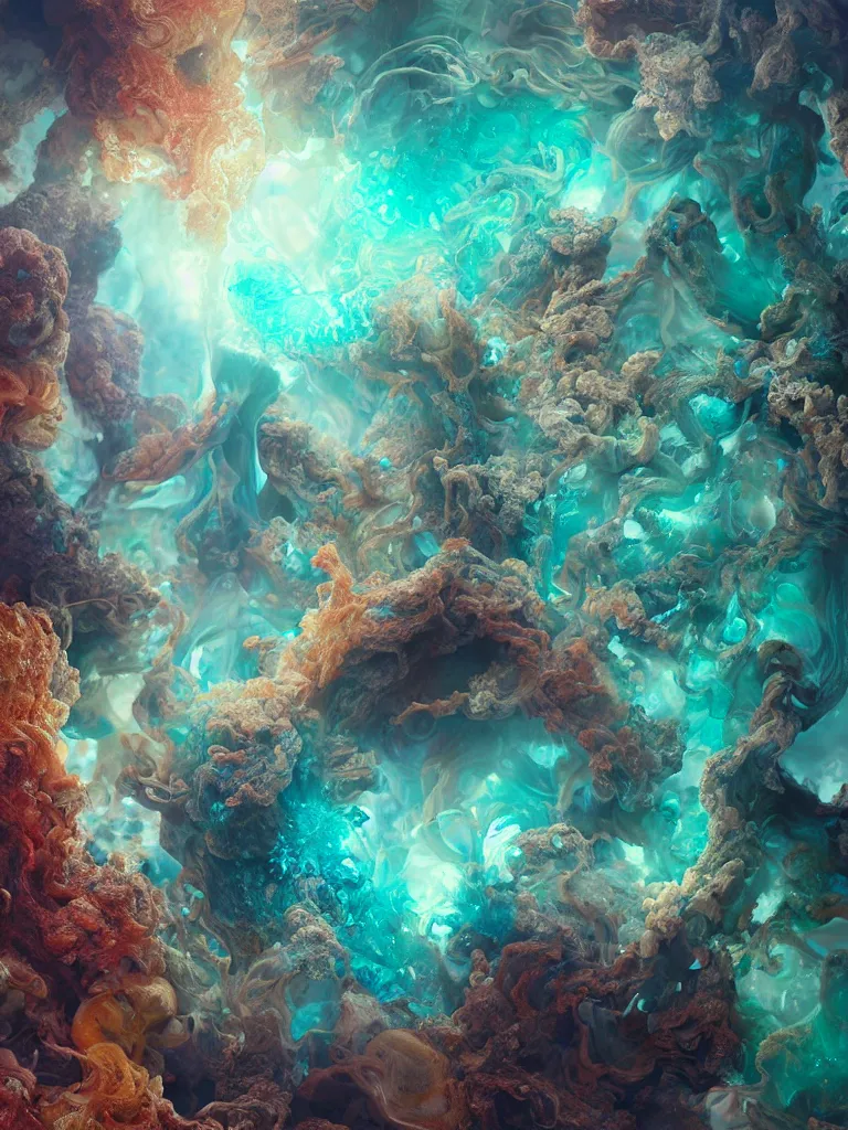Prompt: Simulacrum of a space fungus, splash of iridescent paint, mesmerizing plume, beautiful natural forms, nudibranch, mushroomhead, burning water, slime mold, hyphae, rhizomorphs, 8k intricate artwork octane render by Roberto Ferri, wlop, beeple, Markus Reugels, pearlescent hues