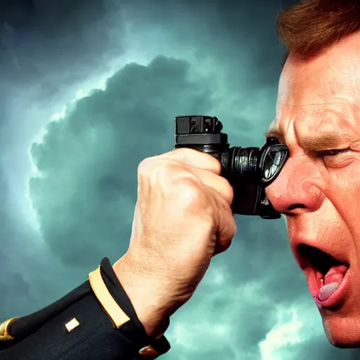 Image similar to photograph of captain j. kirk from star trek screaming in terror. sharp photograph, sharp focus, highly detailed,, detailed face!!, ultra realism, dramatic lighting, zeiss lens, canon eos, detailed skin, dynamic pose, 8 k resolution, hyperrealism, portrait photography