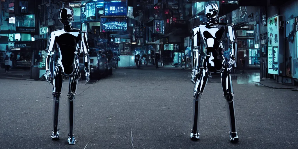 Prompt: a sad dramatic scene of a chrome metal humanoid android losing faith in life it is wearing futuristic urban japanese clothing filmed using an imax movie camera with a cinestill 8 0 0 t in a solitary alley located in a futuristic cyberpunk city with foggy environment and illuminated by night time lights that create sunshaft everywhere with a cold color palette directed by dave villeneuve